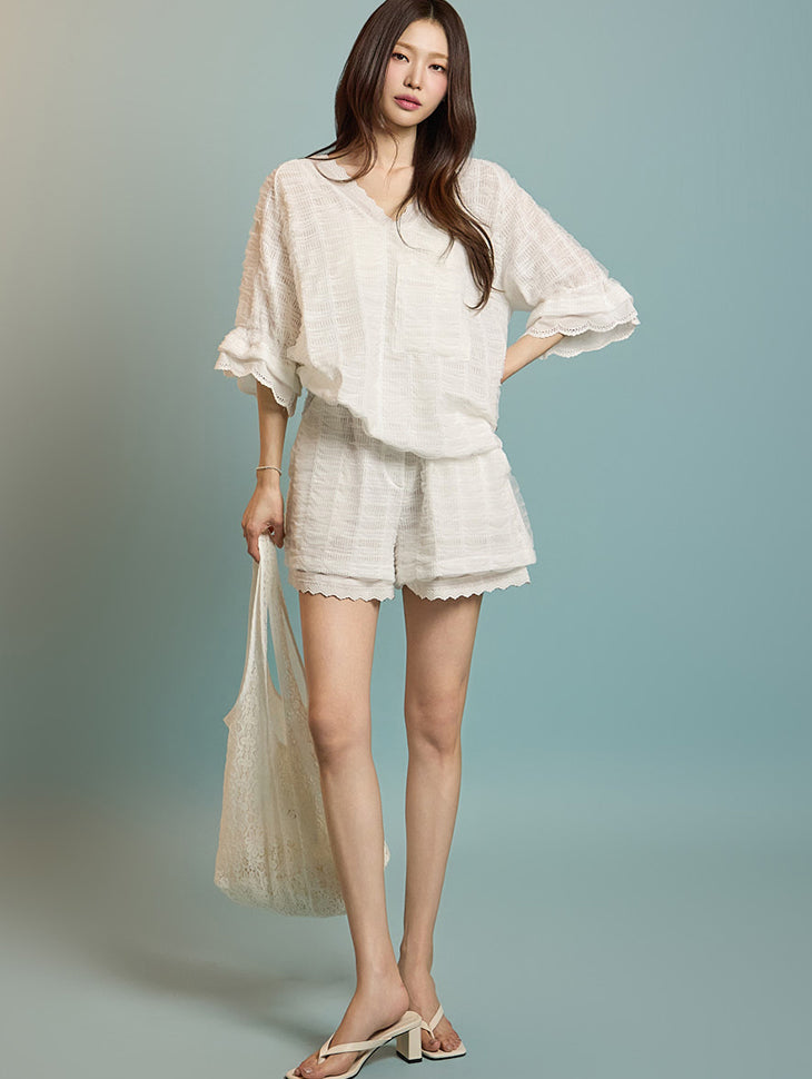 TP2137 蕾丝上衣和裤子套装