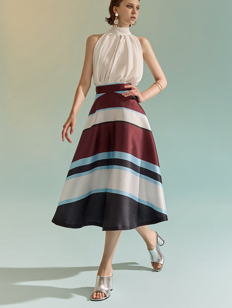 SK2509 グロッシーストライプフレアミディスカート