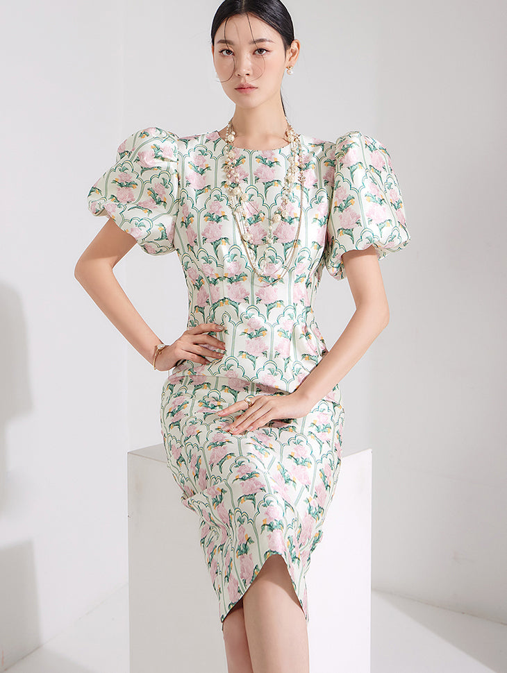 D4623 バルーンフラワーミディドレス