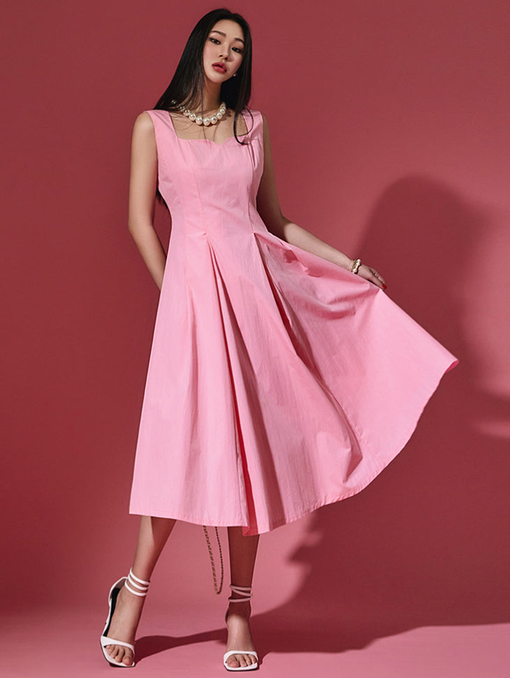 D4662 ピンタック ノースリーブ フレア ミディ ドレス