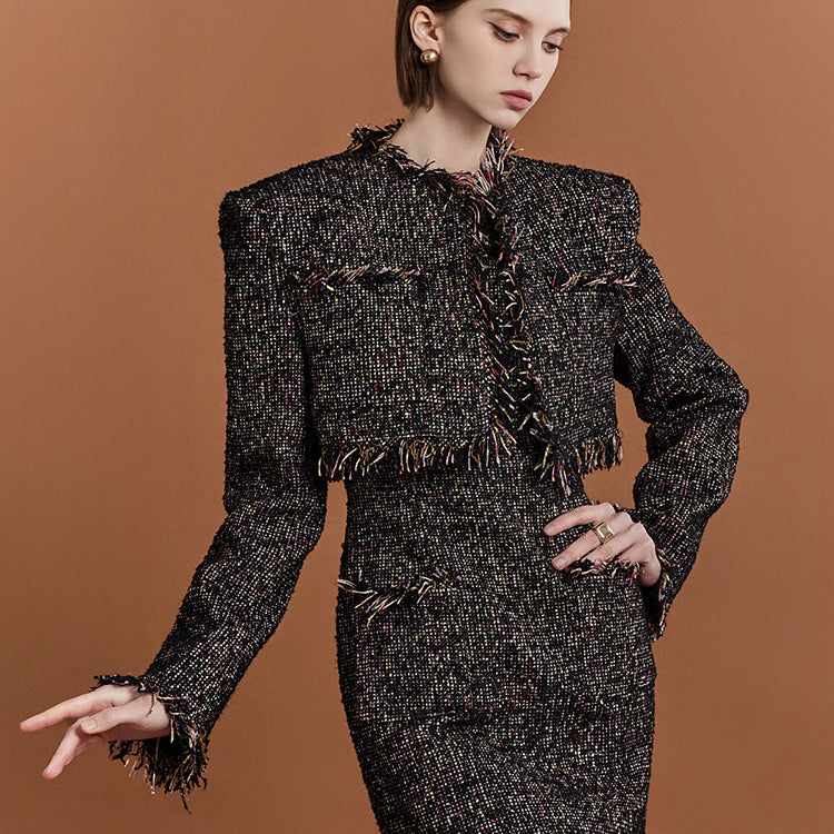 J9276 花呢流苏短款垫单夹克