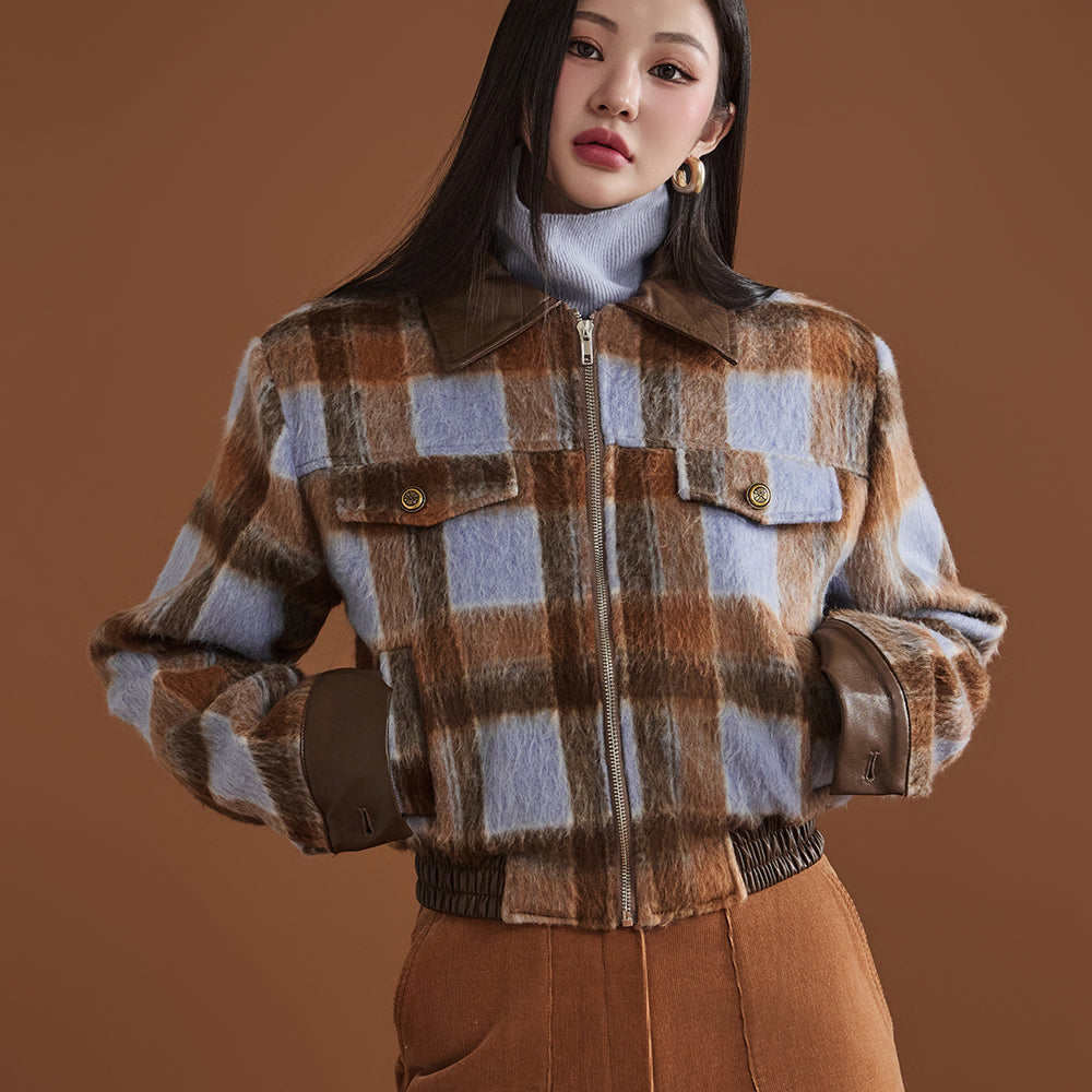 J2107 Plaid Color Contrasting Blouson Jacket