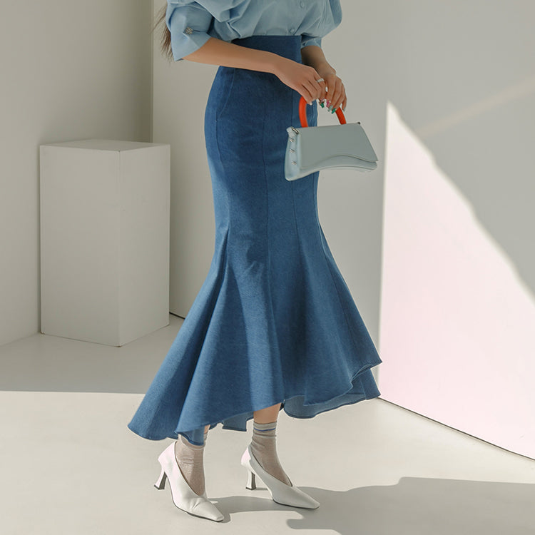 SK2259 Denim Asymmetric Midi Skirt