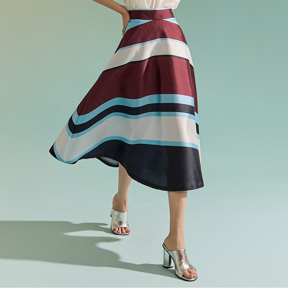SK2509 Glossy Stripe Flare Midi Skirt