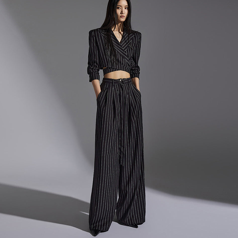 P3063 Striped Long Wide Slacks (Belt Set)