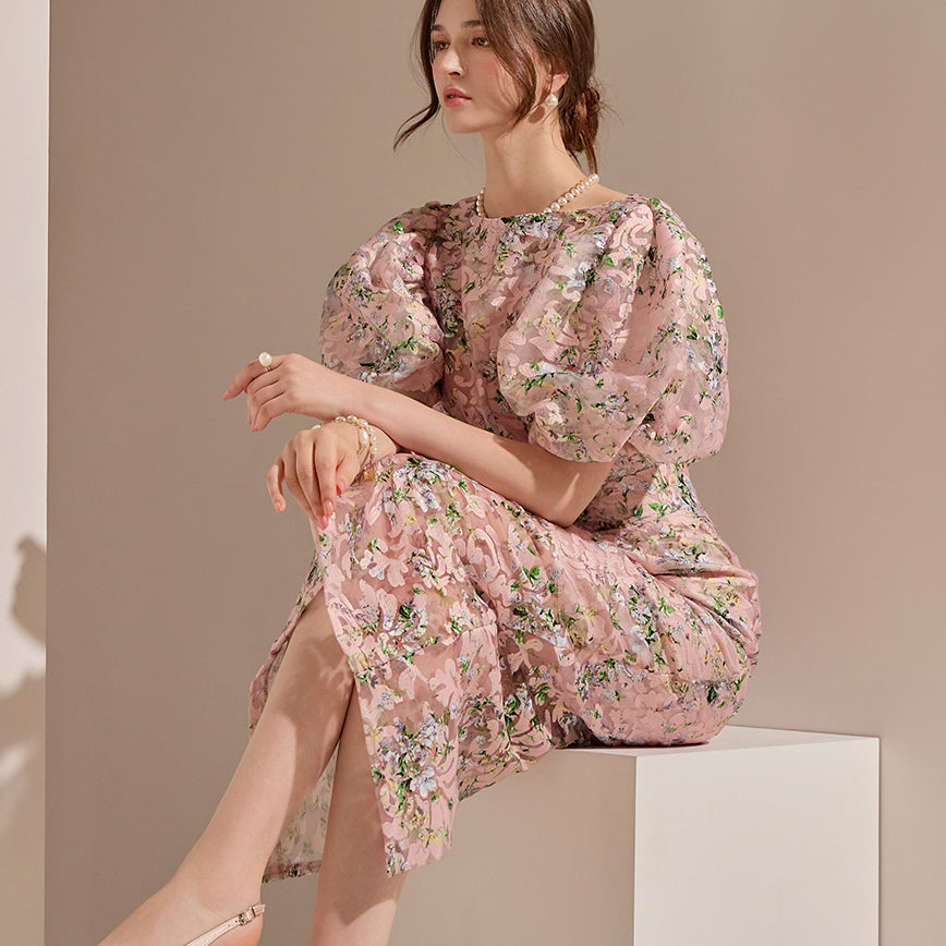 D9082 Floral Puff Slim Midi Dress*LARGE Size Available*