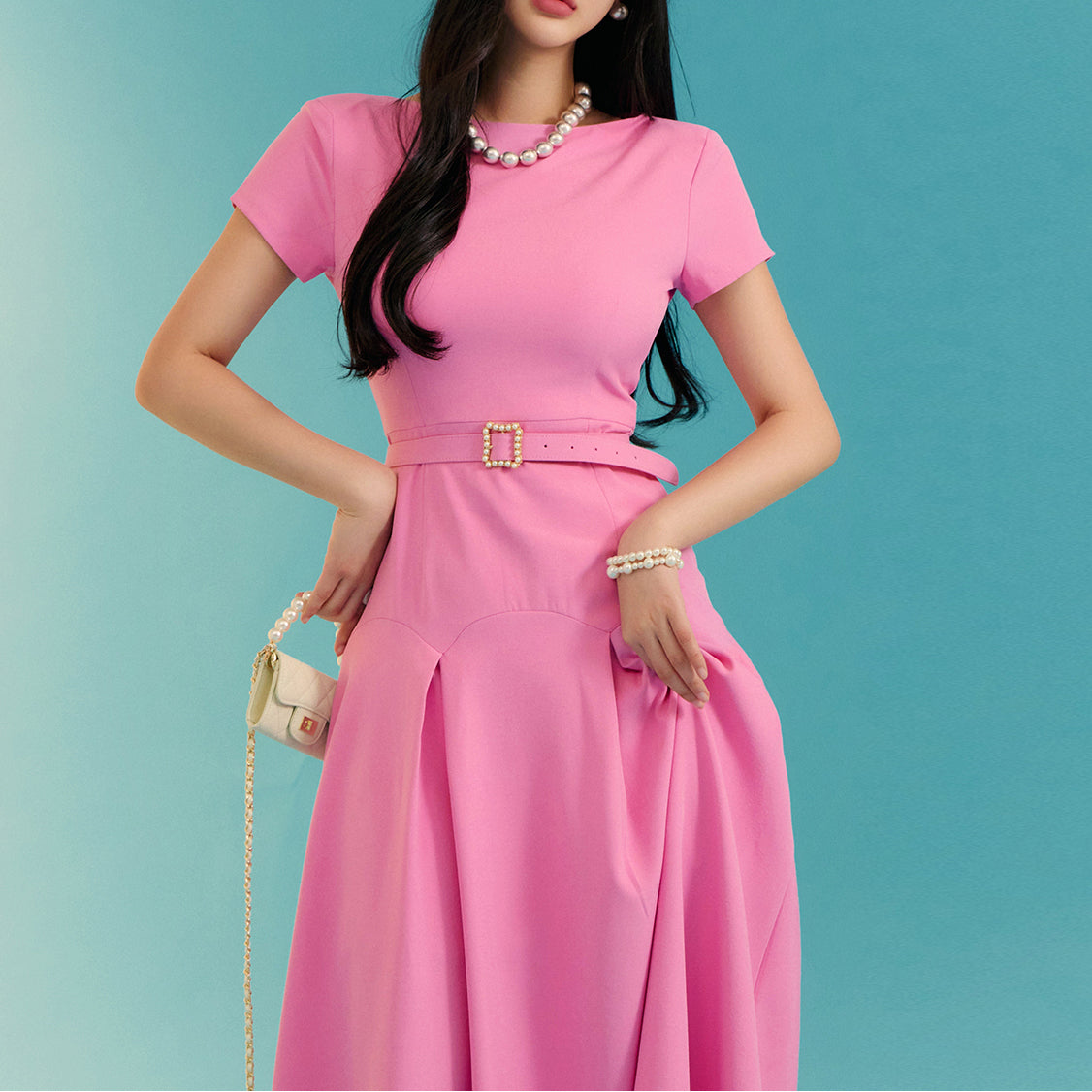 D4691 Short Sleeve Pintuck Flare Midi Dress(Belt set)