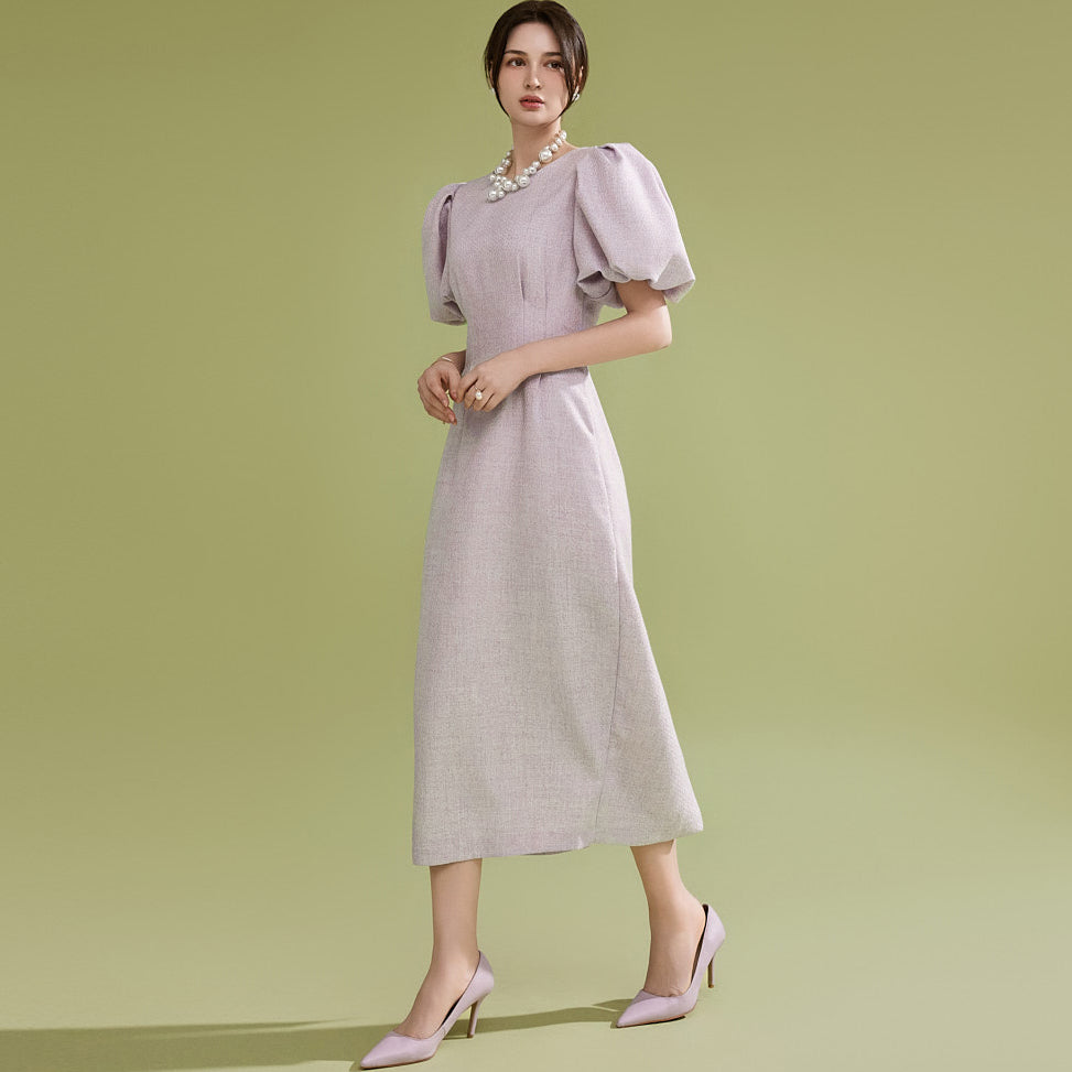 D4909 Puff Sleeve Slim Midi Dress