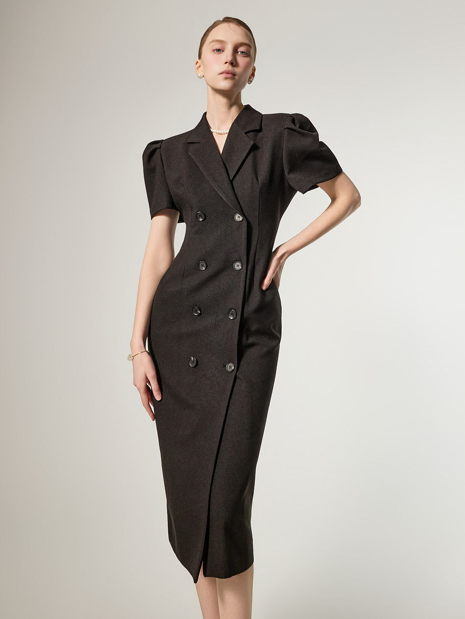 D5491 ダブルボタンパフドレス