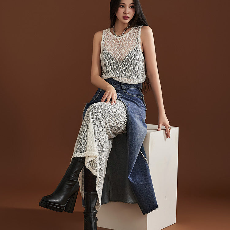 D4832 Sheer Lace Layering Long Dress