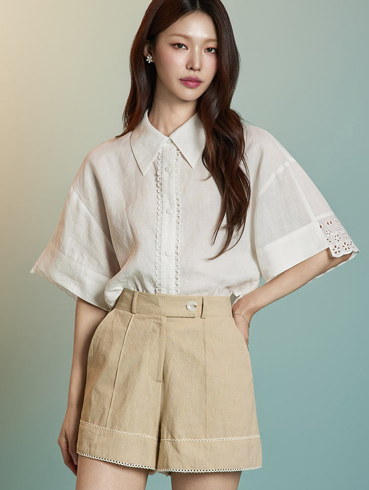 B3111 Linen Eyelet Designed Blouse