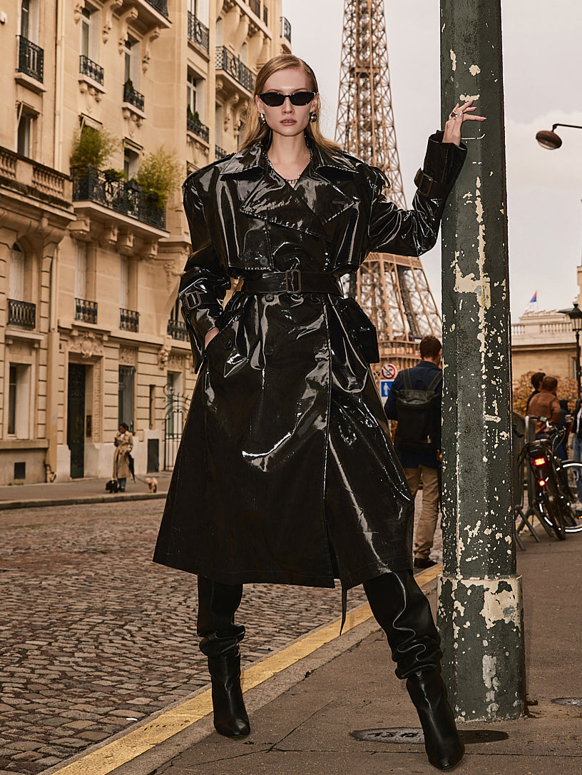 J9257 Belted Patent Leather Trench Coat