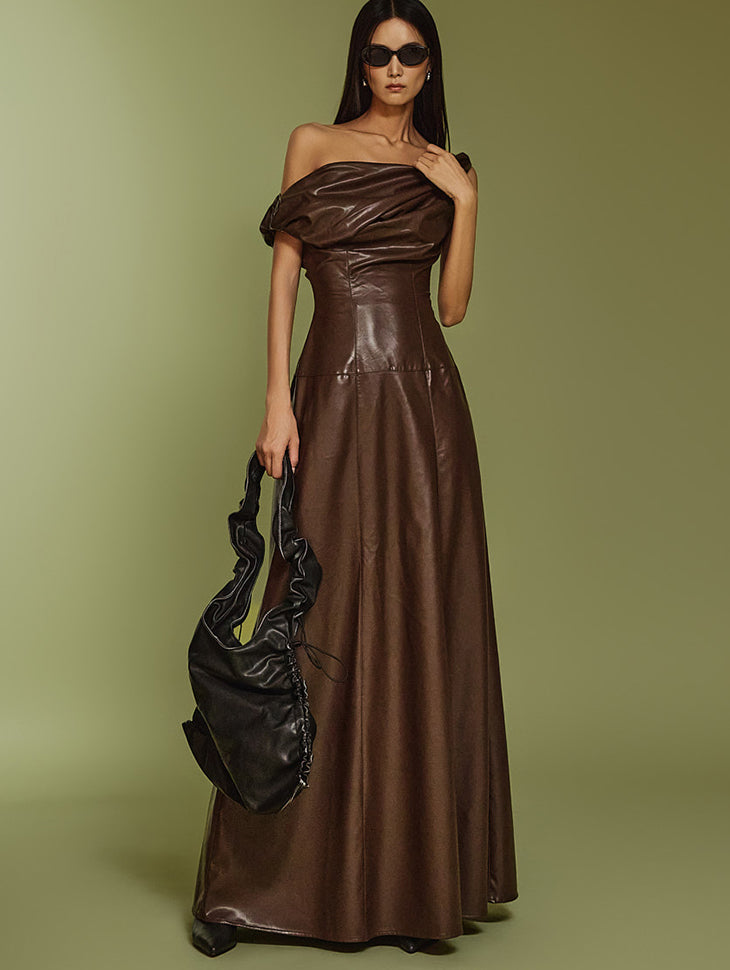 D5088 Off Shoulder Leather Dress