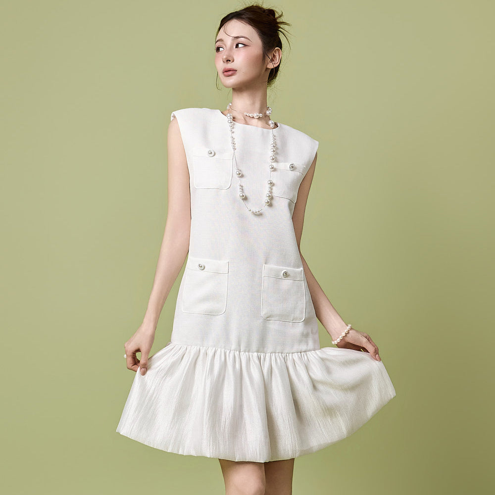 D5539 Tweed Pocket Frill Dress