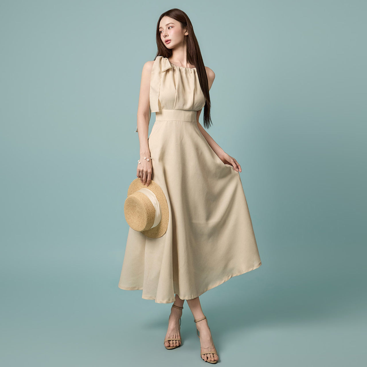 D5633 Shoulder Ribbon Dress
