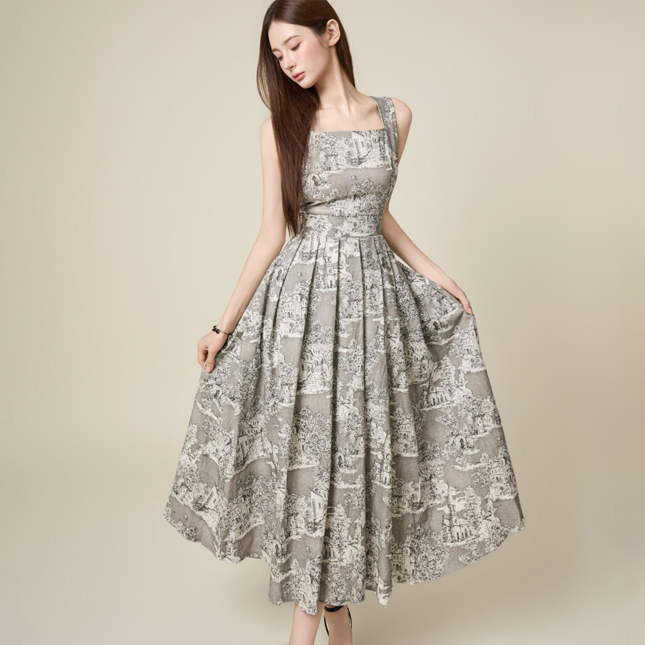 D5639 Linen Pleated Dress