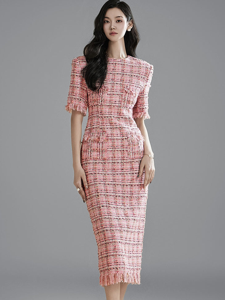 D9468 Tweed Short Sleeve Midi Dress