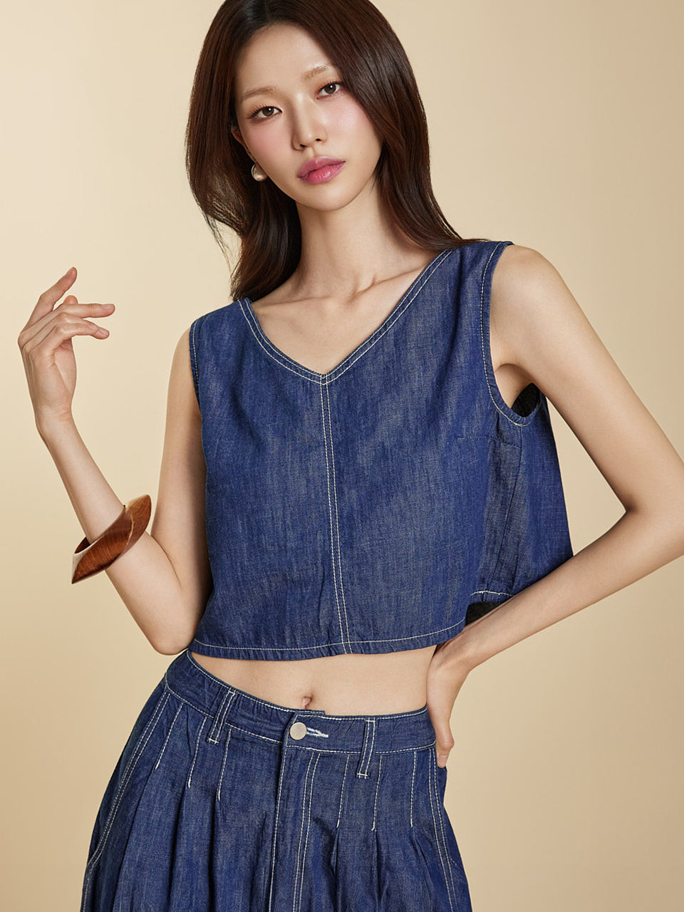 E3896 牛仔V领上衣