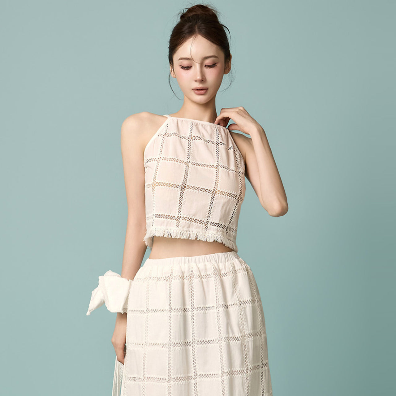 E4330 Fringe Check Sleeveless Top