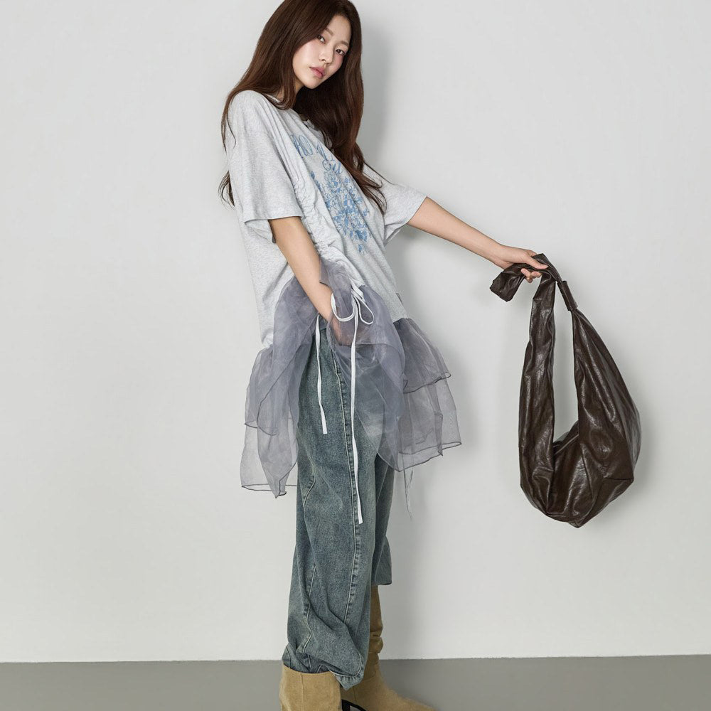 E4377 レタリングシフォンフリルトップ