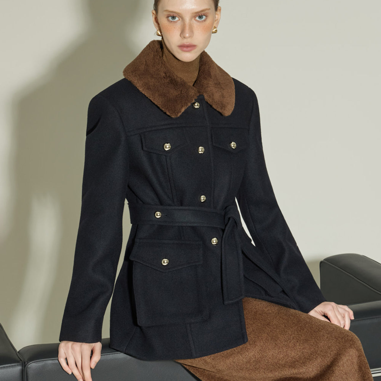 J3008 Fur Contrast Wool Jacket