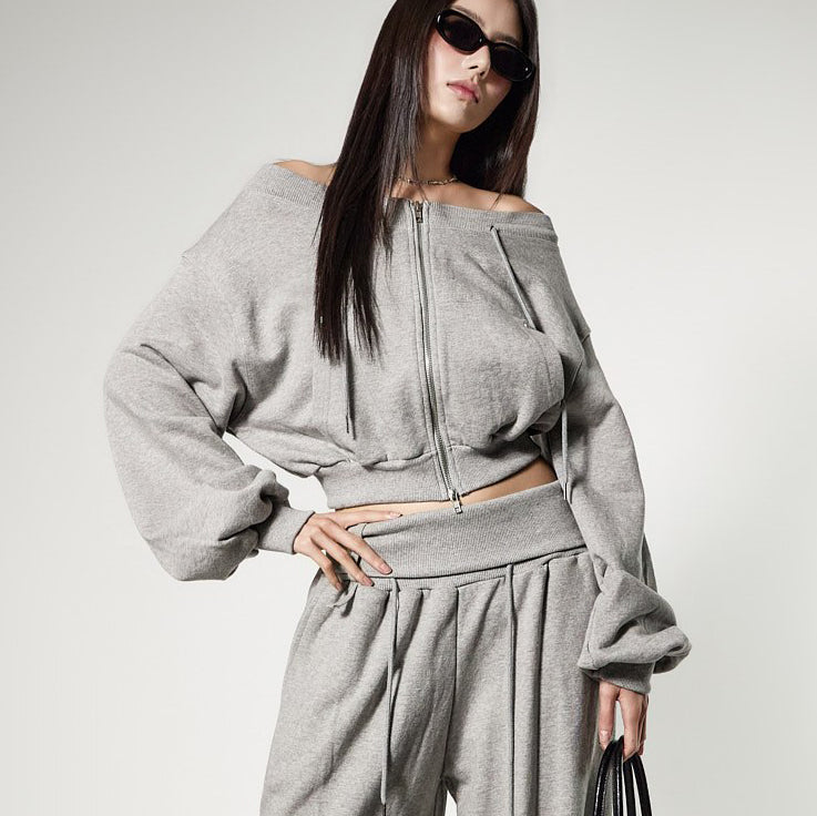 J3196 Off-Shoulder Crop Zip-Up