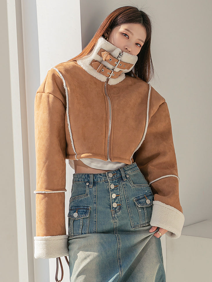 J1647 Suede High neck Crop Shearling Jacket