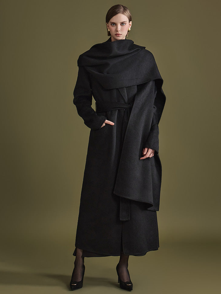 J9273 Tailored Long Coat With Belt and Muffler