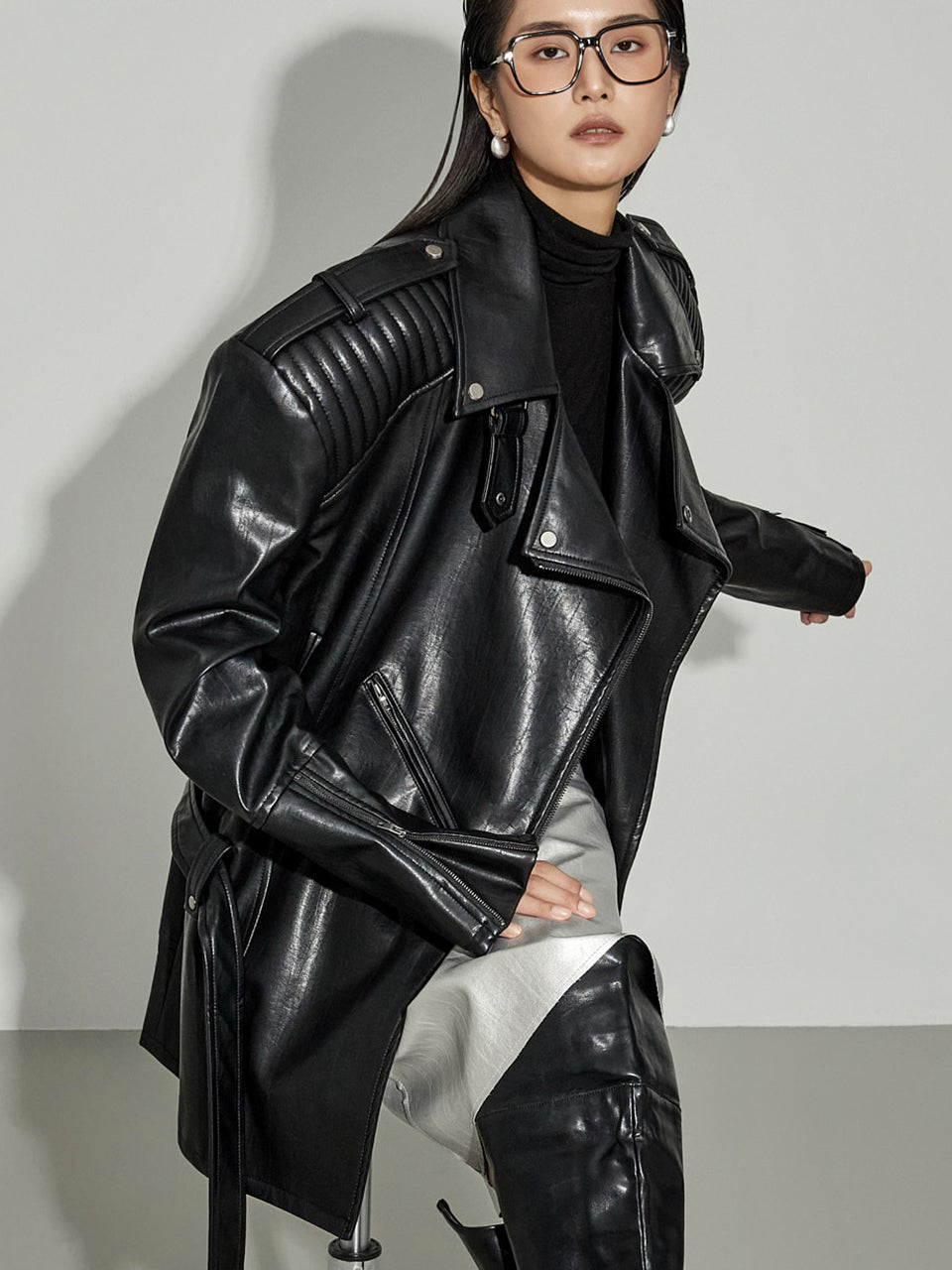 MBDJ018 ハイネックショルダーピンタックレザーライダースジャケット(ベルトセット)
