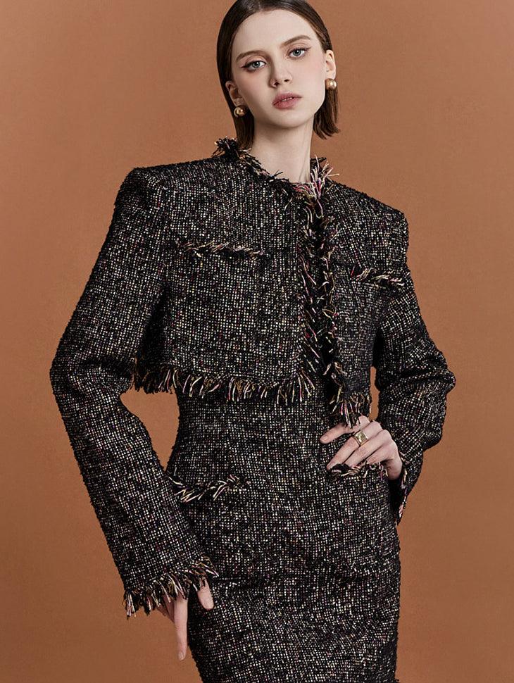 J9276 花呢流苏短款垫单夹克