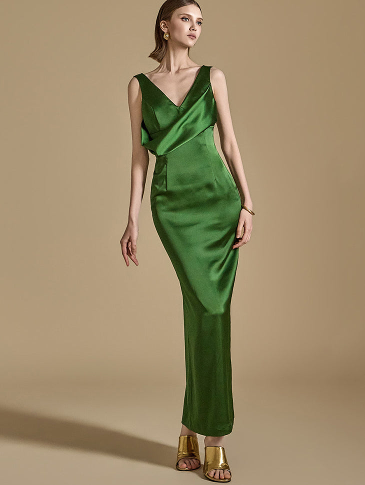 D9500 V-Neck Slim Satin Dress