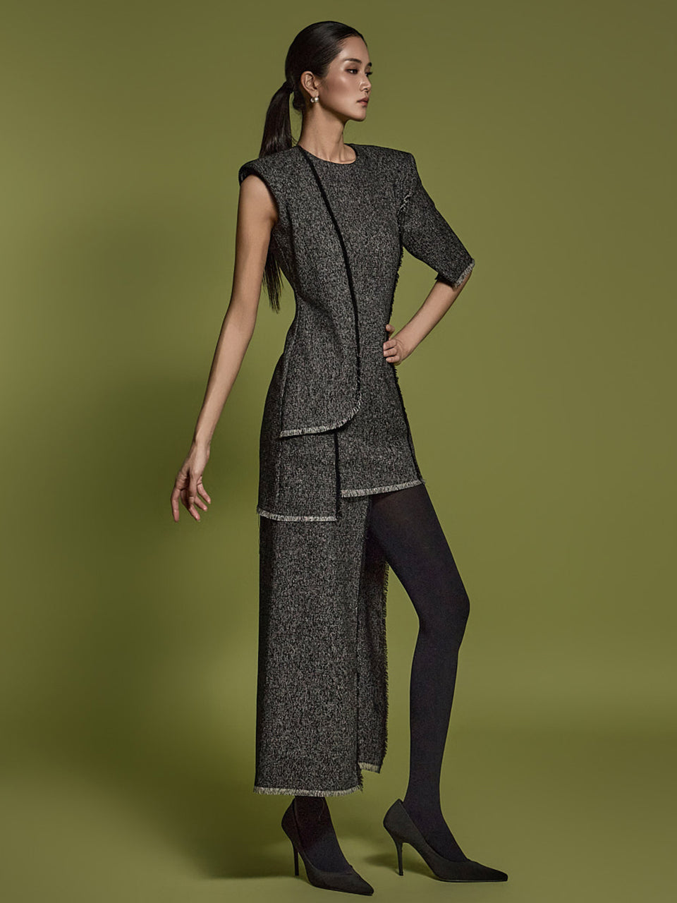 D9507 Tweed Asymmetrical Dress