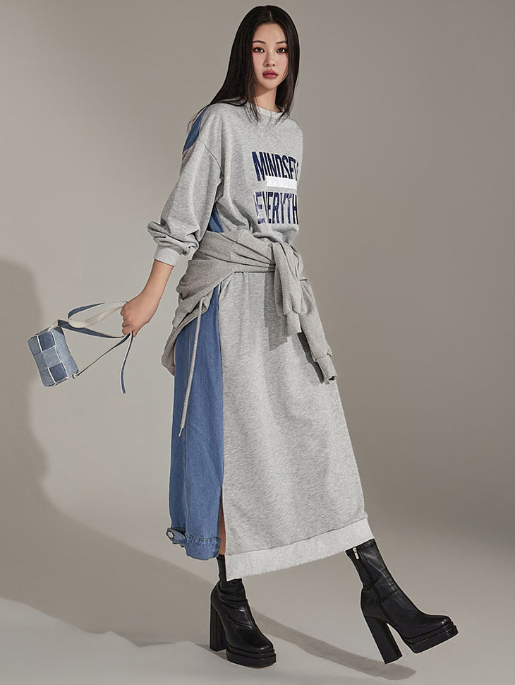 D4904 Lettering Back Denim Long Dress