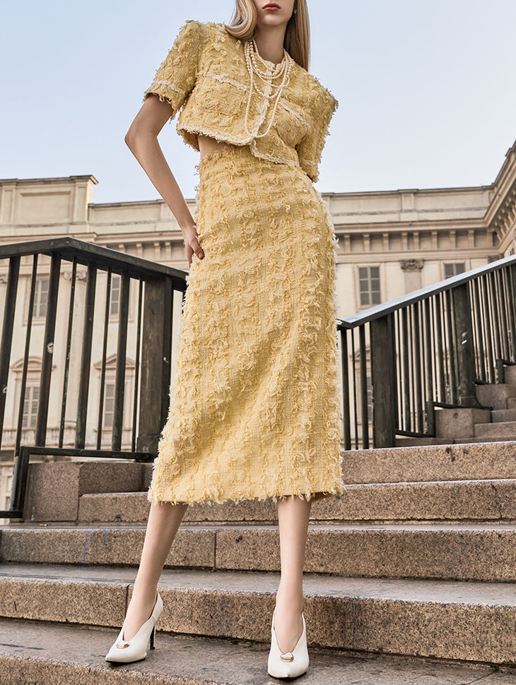 SK9225 花呢羊毛流苏中长半身裙