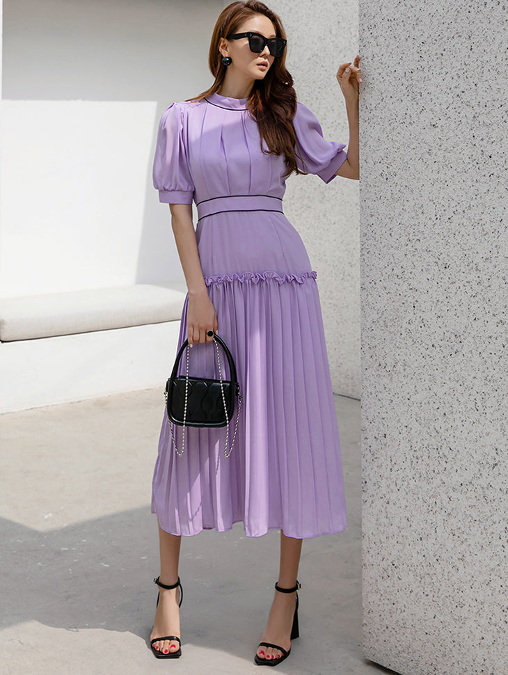 D4207 Pintuck Puff Sleeve Pleats Dress