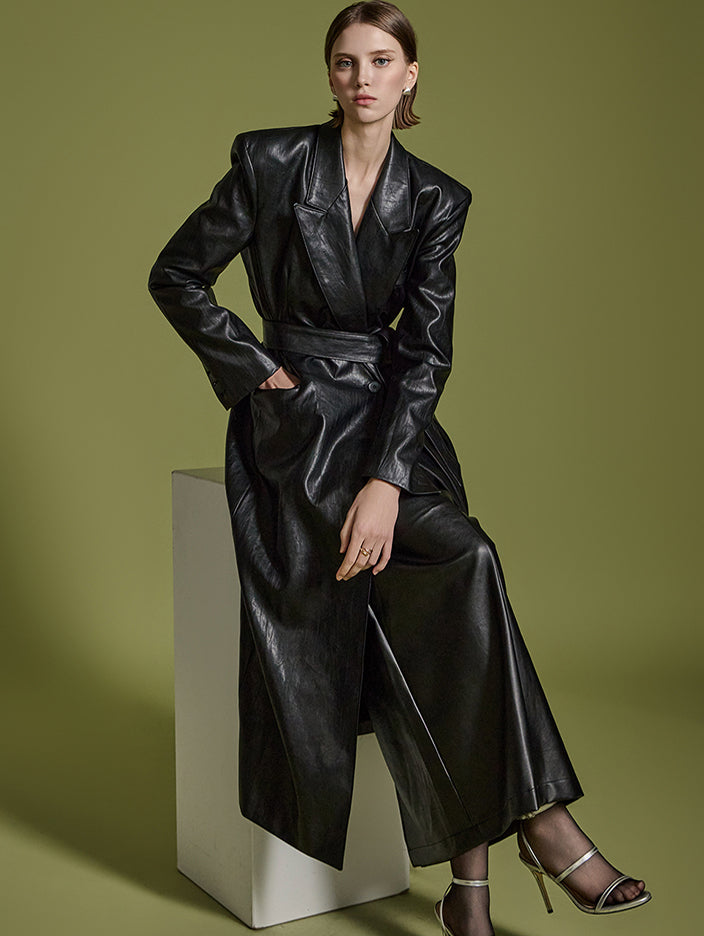 J2419 Leather Long coat With Belt