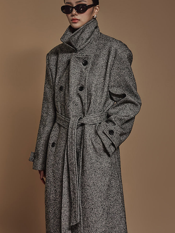 J2430 Herringbone Wool Coat With Belt