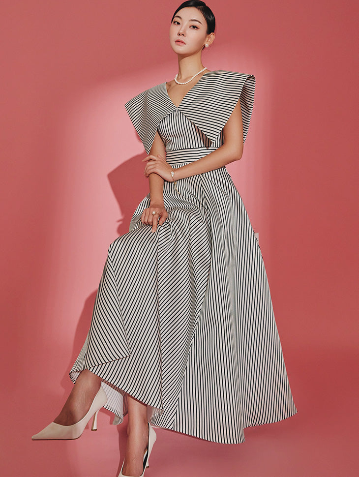 D9426 Big Collar Stripe A-line Dress