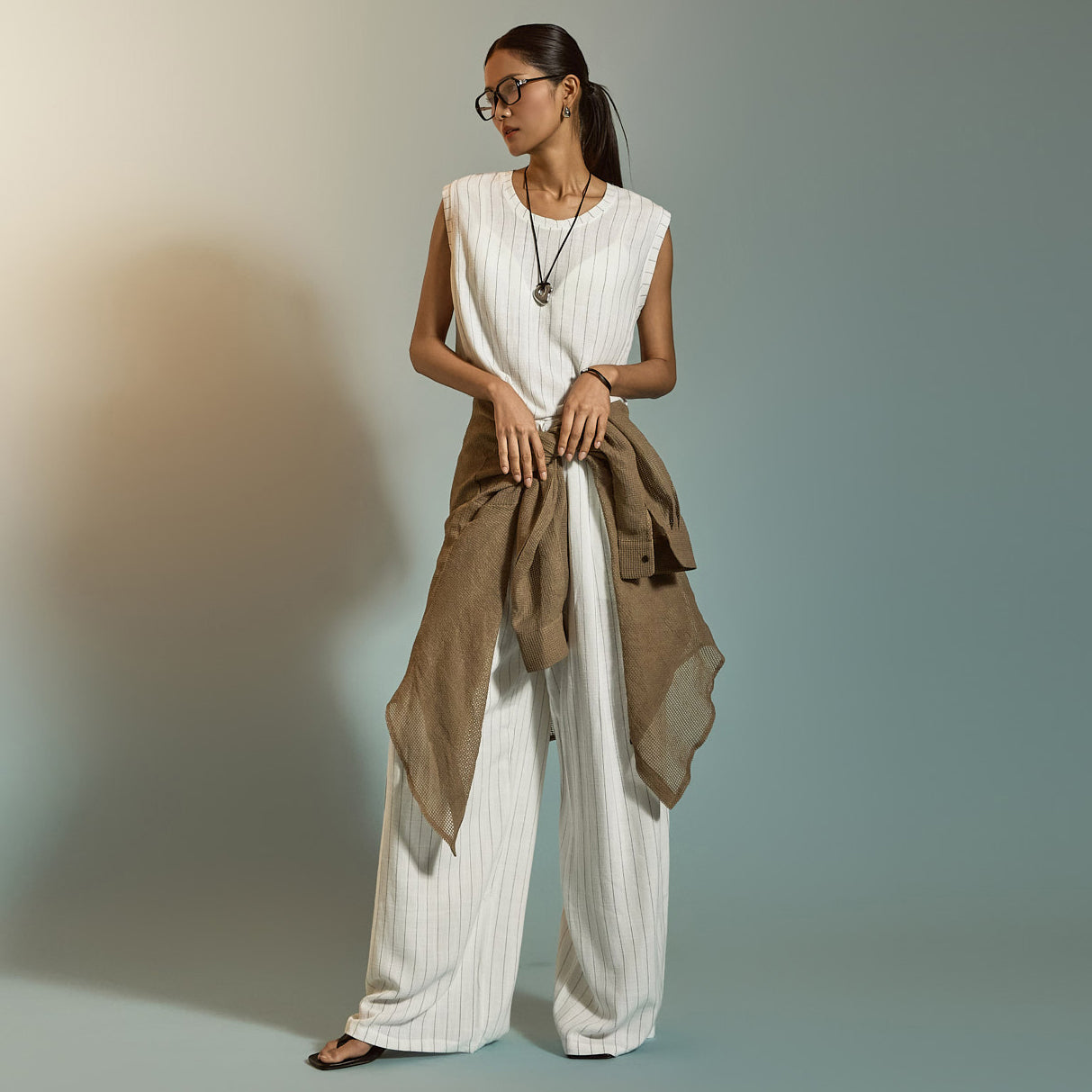 P3577 亚麻条纹裤