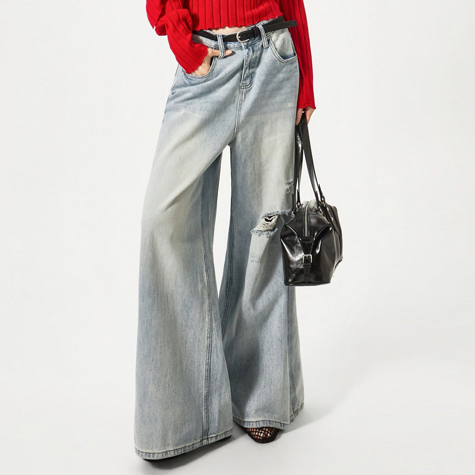 PJ638 ダメージ ウォッシュ ワイドジーンズ