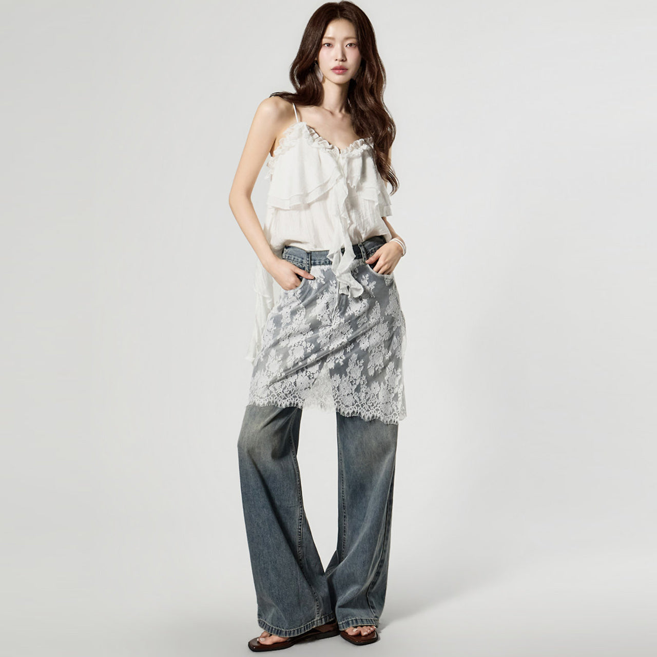 PJ642 Lace Layered Jeans