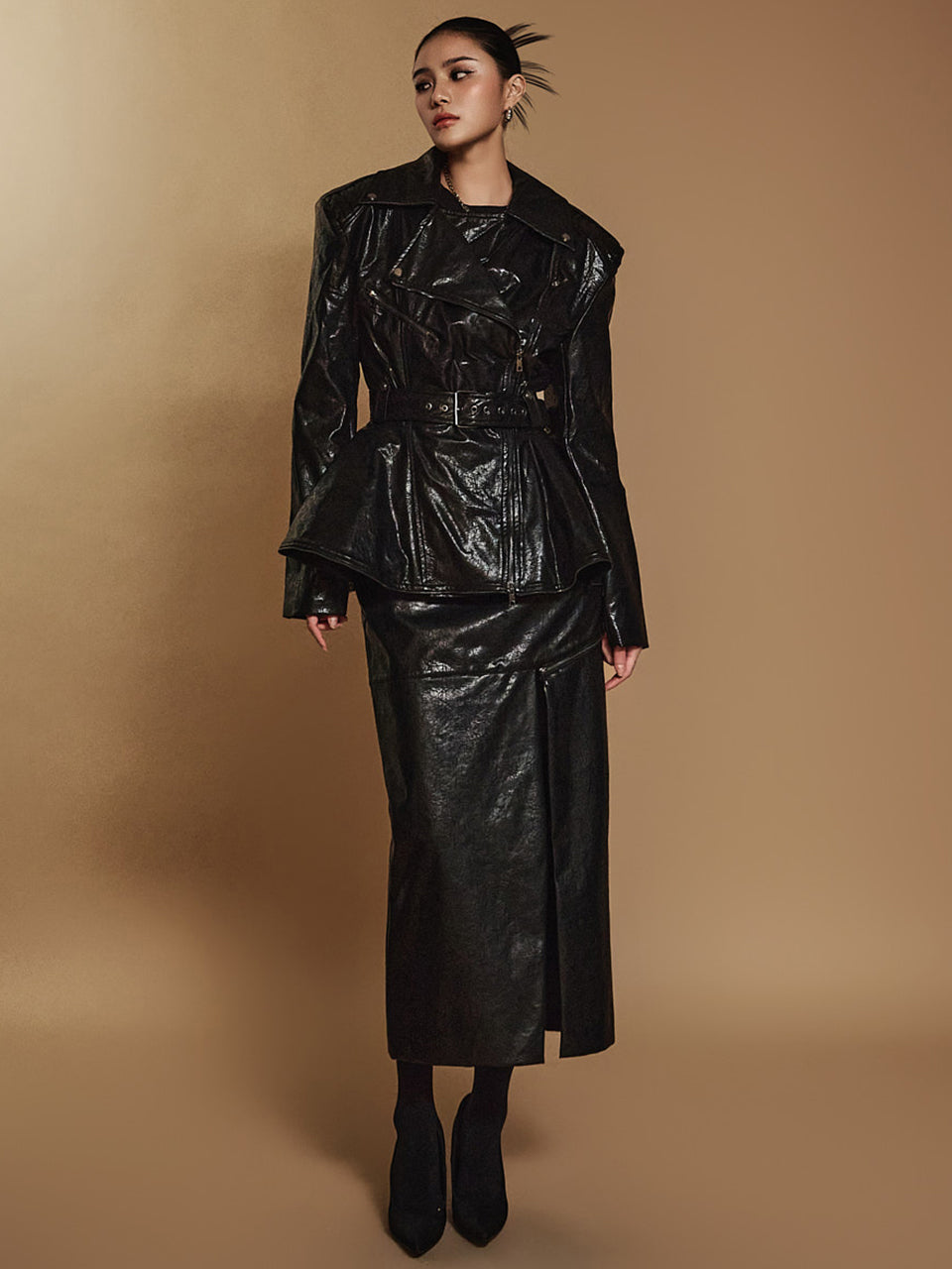 TP9139 Crackled Leather Belted Jacket and Skirt Set