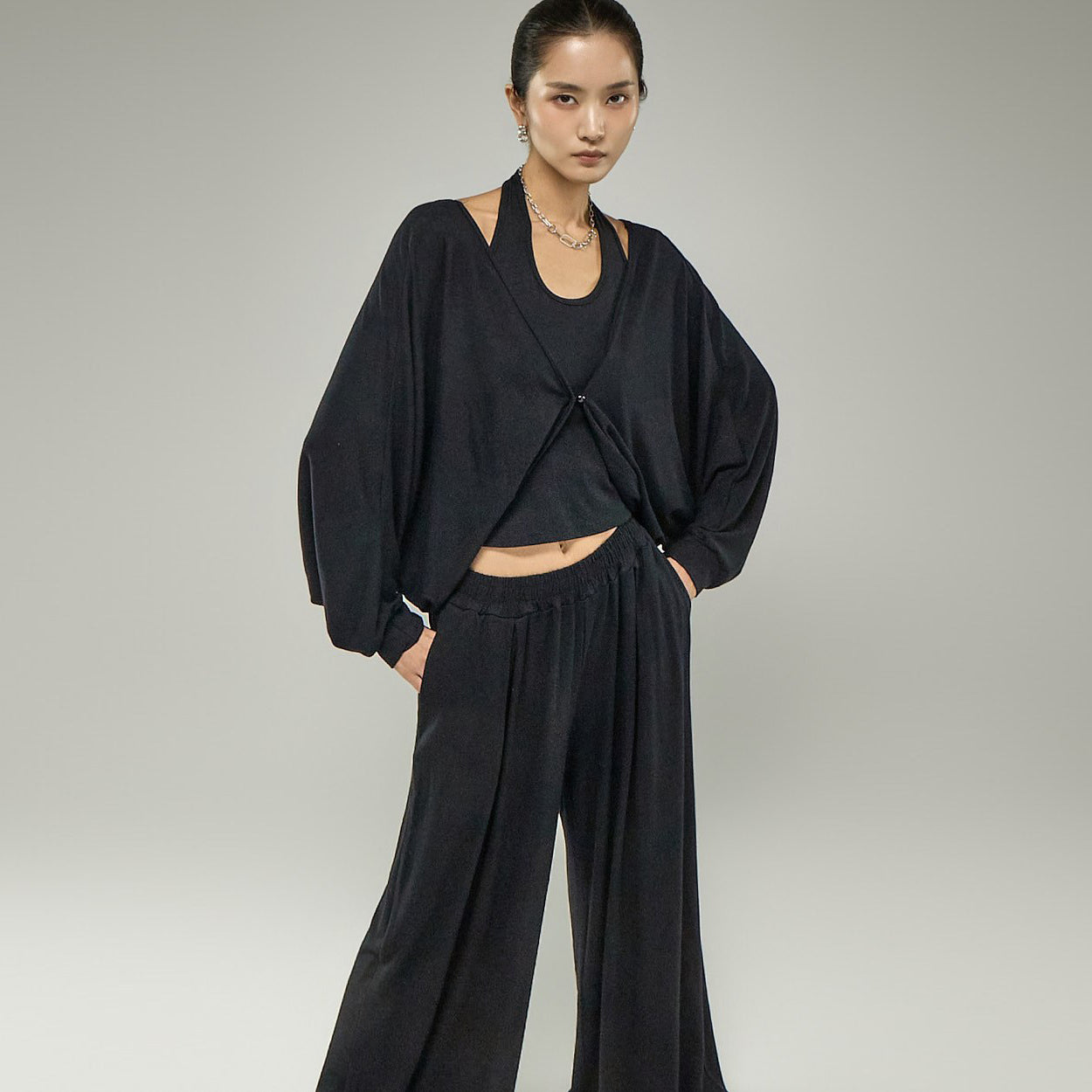 TR067 Drape Cardigan Three-Piece Set