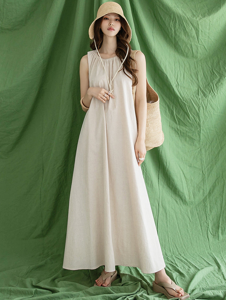 D4245 Linen Shirring Long Dress